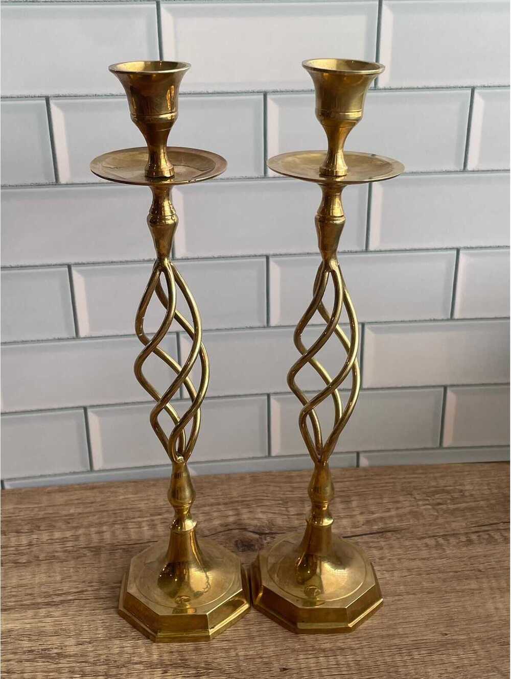 Vintage Solid Brass Open Barley Twist Pair Candlestick Holders 11” Tall